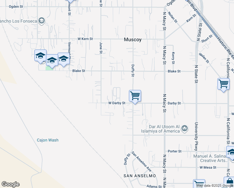 map of restaurants, bars, coffee shops, grocery stores, and more near 2240 Darby Street in Muscoy