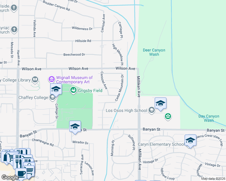 map of restaurants, bars, coffee shops, grocery stores, and more near 11126 Antietam Drive in Rancho Cucamonga