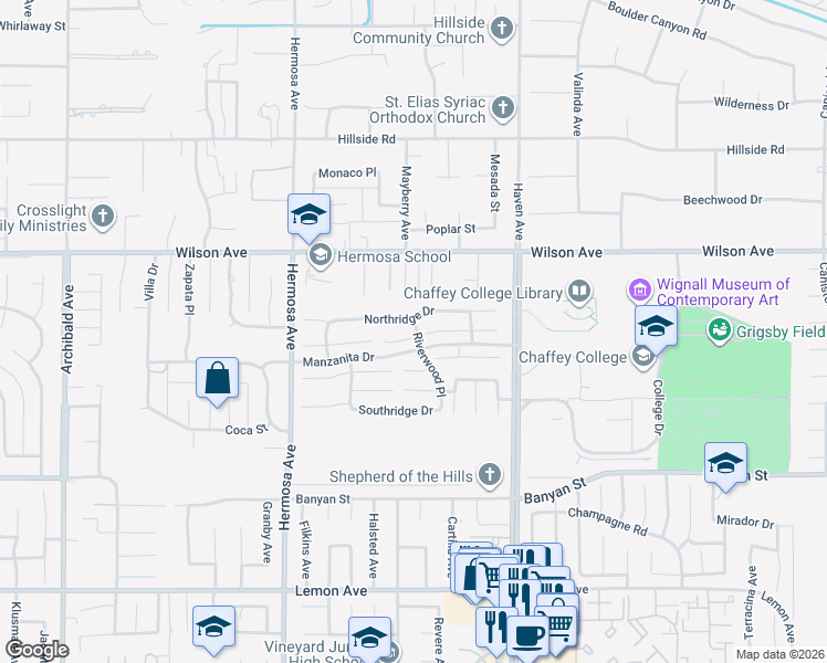 map of restaurants, bars, coffee shops, grocery stores, and more near 10269 Coralwood Court in Rancho Cucamonga