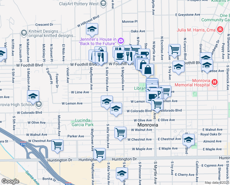 map of restaurants, bars, coffee shops, grocery stores, and more near 327 West Lemon Avenue in Monrovia