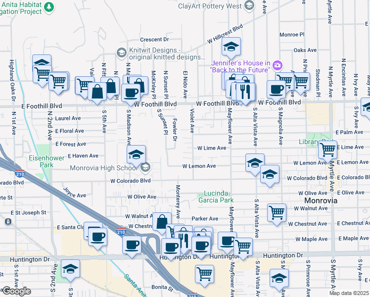 map of restaurants, bars, coffee shops, grocery stores, and more near 725 West Lemon Avenue in Monrovia