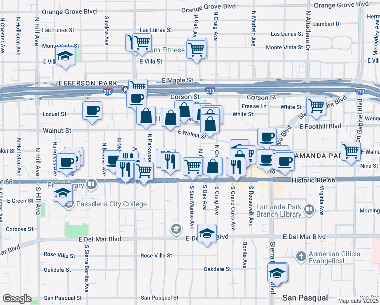 map of restaurants, bars, coffee shops, grocery stores, and more near 78 North San Marino Avenue in Pasadena