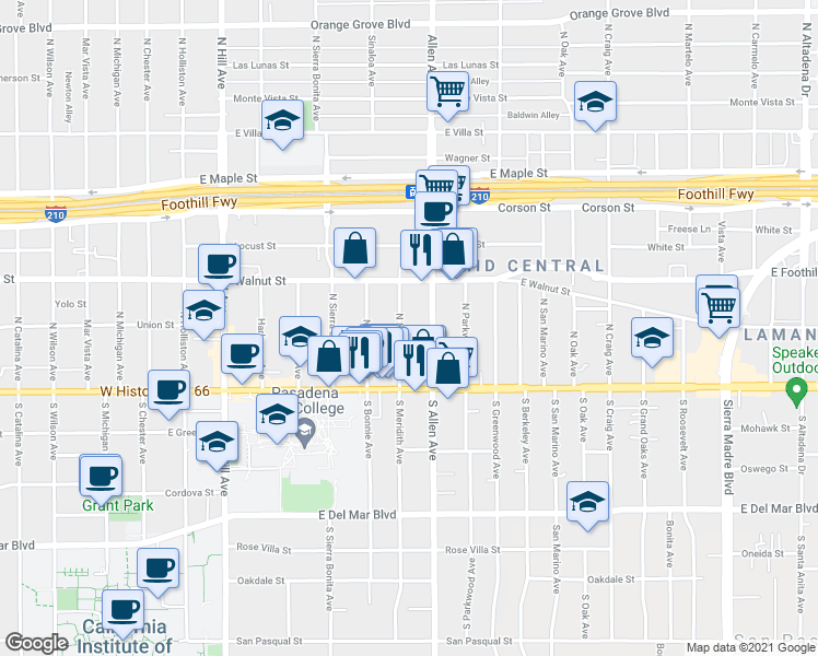 map of restaurants, bars, coffee shops, grocery stores, and more near 83 North Meridith Avenue in Pasadena