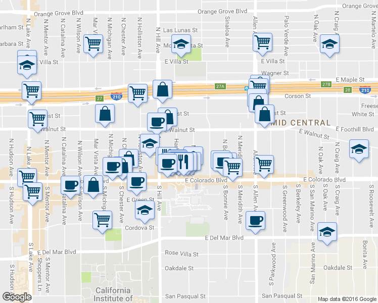 map of restaurants, bars, coffee shops, grocery stores, and more near 69 Marion Avenue in Pasadena