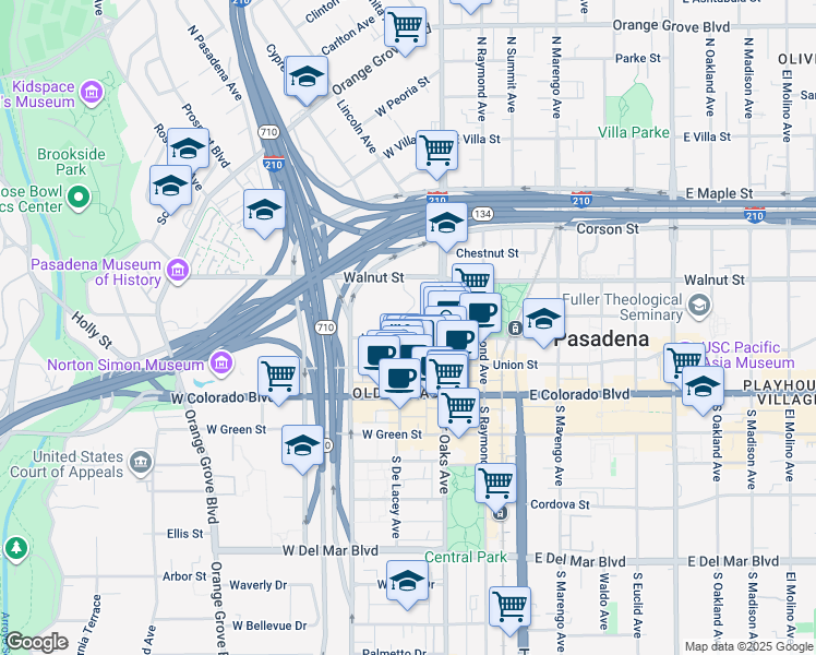 map of restaurants, bars, coffee shops, grocery stores, and more near 164N South De Lacey Avenue in Pasadena