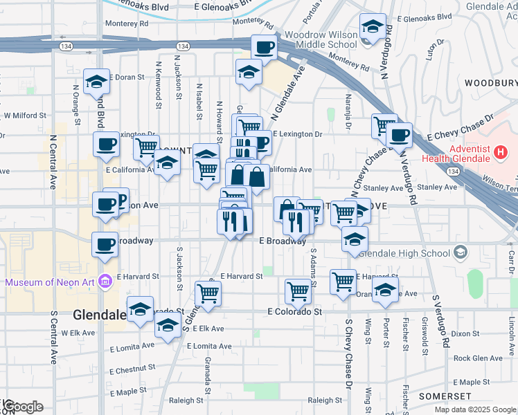 map of restaurants, bars, coffee shops, grocery stores, and more near 128 North Everett Street in Glendale