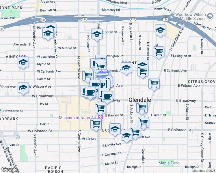 map of restaurants, bars, coffee shops, grocery stores, and more near 115 Artsakh Avenue in Glendale