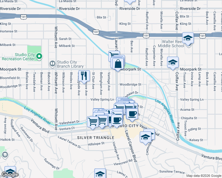 map of restaurants, bars, coffee shops, grocery stores, and more near 4229 Vantage Avenue in Los Angeles
