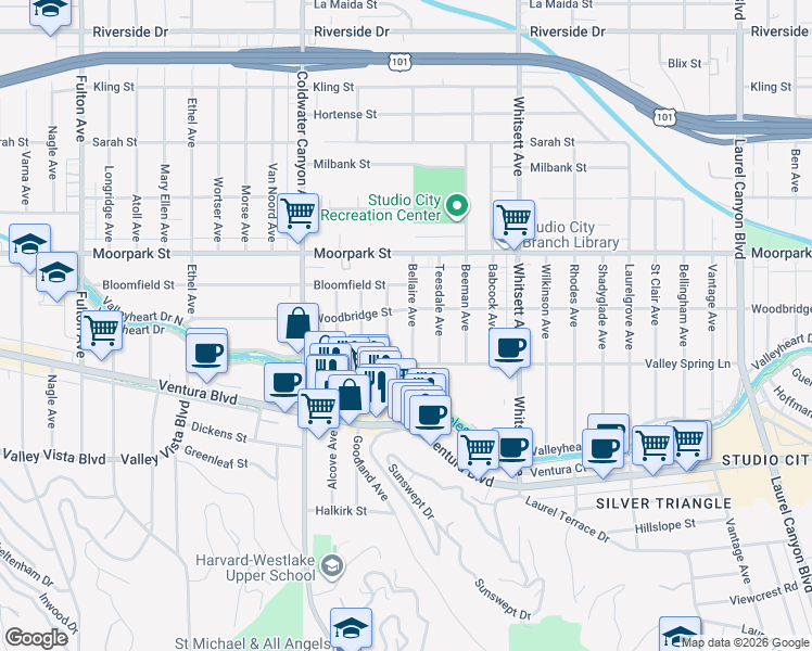 map of restaurants, bars, coffee shops, grocery stores, and more near 4224 Bluebell Avenue in Los Angeles