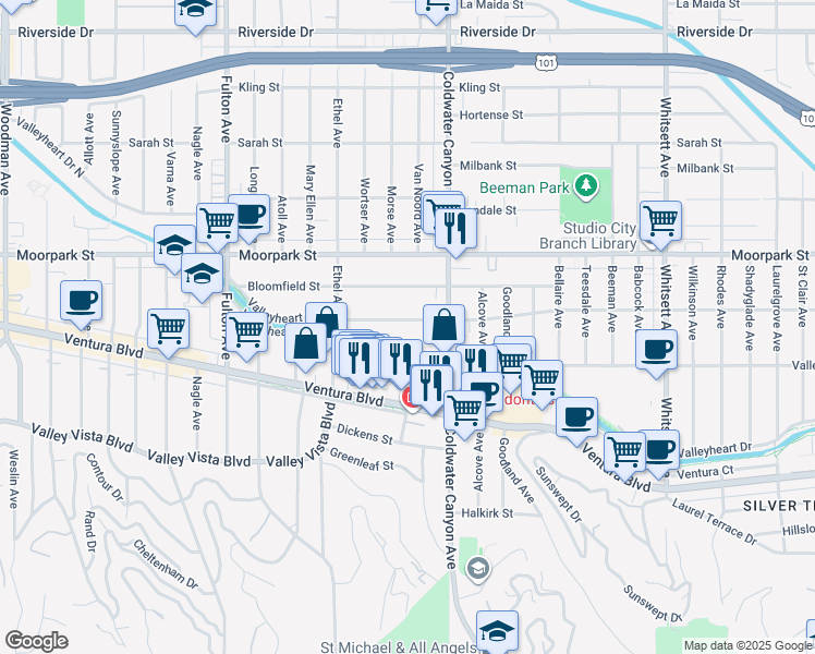 map of restaurants, bars, coffee shops, grocery stores, and more near 12967 Valleyheart Drive North in Los Angeles