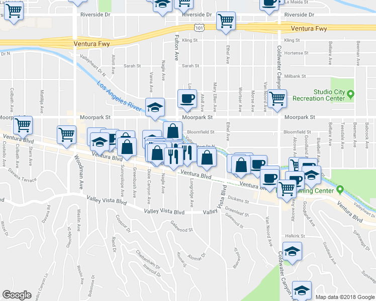 map of restaurants, bars, coffee shops, grocery stores, and more near 4240 Fulton Avenue in Los Angeles