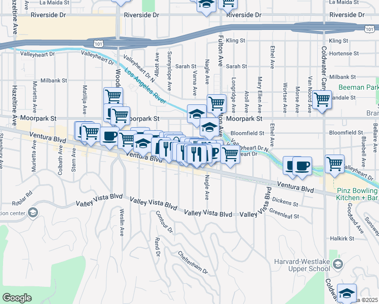 map of restaurants, bars, coffee shops, grocery stores, and more near 4223 Dixie Canyon Avenue in Los Angeles