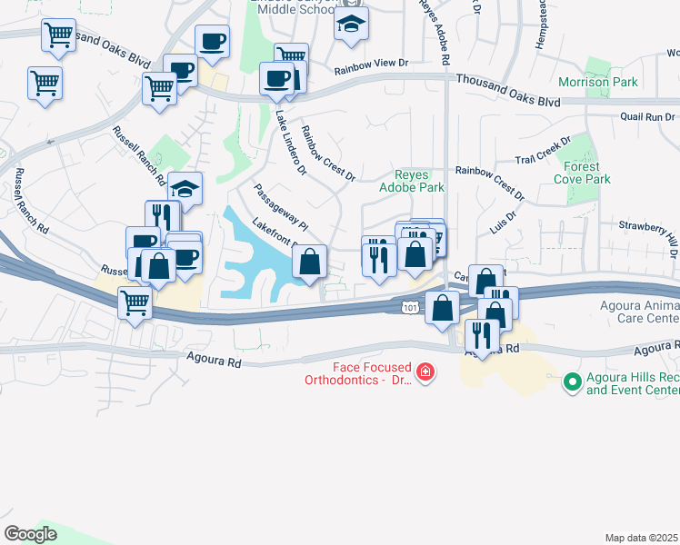 map of restaurants, bars, coffee shops, grocery stores, and more near in Agoura Hills