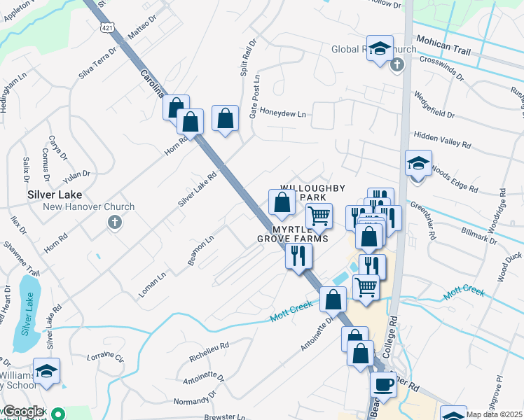 map of restaurants, bars, coffee shops, grocery stores, and more near 5044 U.S. 421 in Wilmington