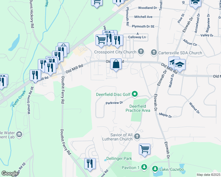 map of restaurants, bars, coffee shops, grocery stores, and more near 289 Briar Patch Lane in Cartersville