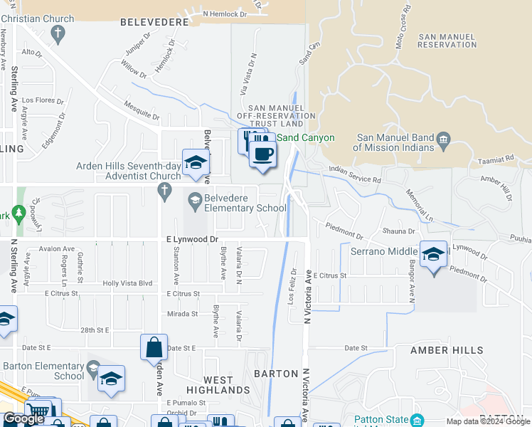 map of restaurants, bars, coffee shops, grocery stores, and more near 2715 Lomita Place in Highland