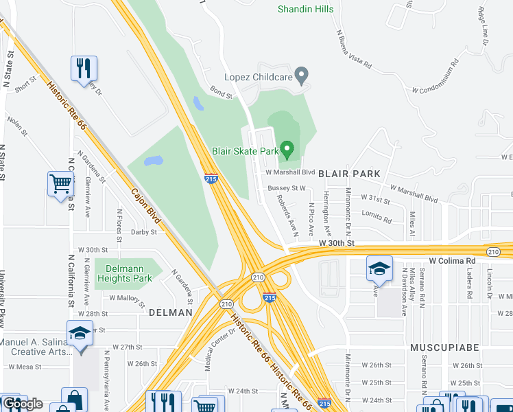 map of restaurants, bars, coffee shops, grocery stores, and more near 3132 Little Mountain Drive in San Bernardino
