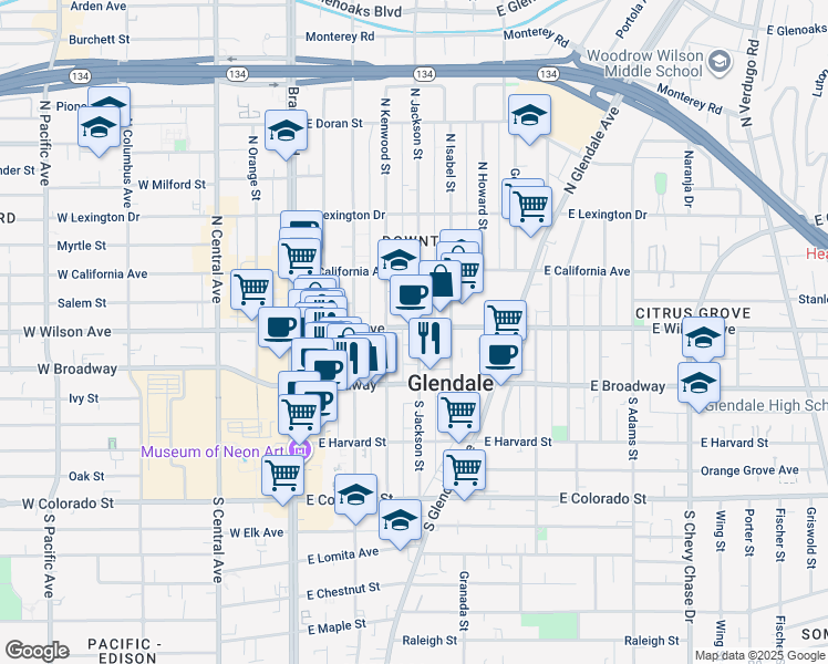 map of restaurants, bars, coffee shops, grocery stores, and more near 147 North Jackson Street in Glendale