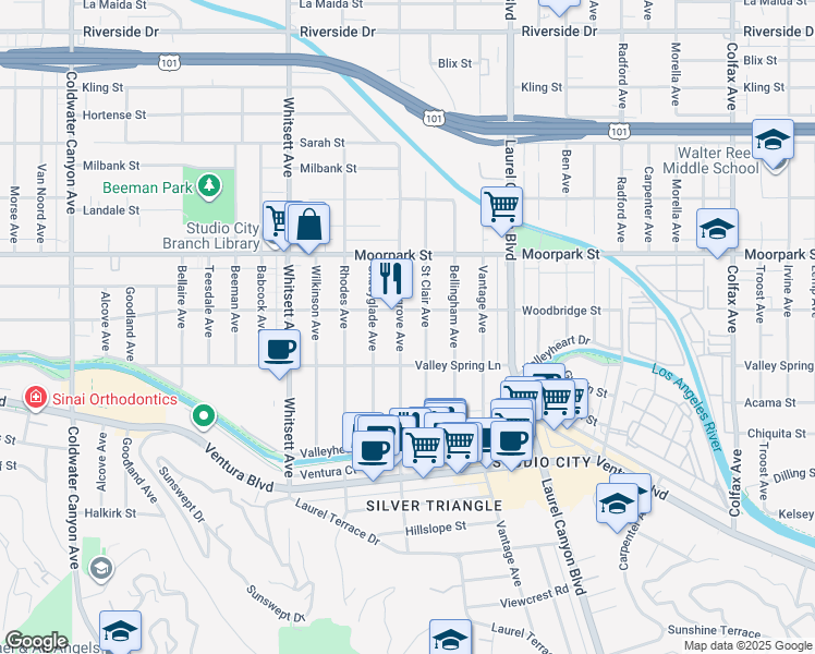 map of restaurants, bars, coffee shops, grocery stores, and more near 4244 Laurelgrove Avenue in Los Angeles