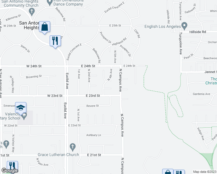 map of restaurants, bars, coffee shops, grocery stores, and more near 477 Paxton Court in Upland