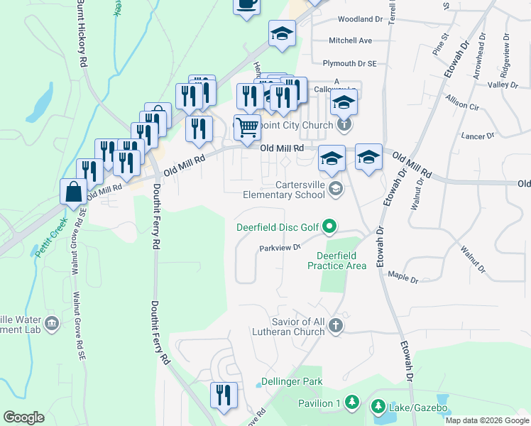 map of restaurants, bars, coffee shops, grocery stores, and more near 287 Briar Patch Lane in Cartersville