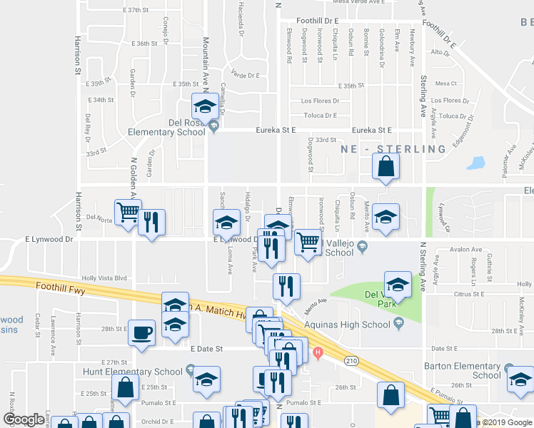 map of restaurants, bars, coffee shops, grocery stores, and more near 3147 Mary Ann Lane North in San Bernardino