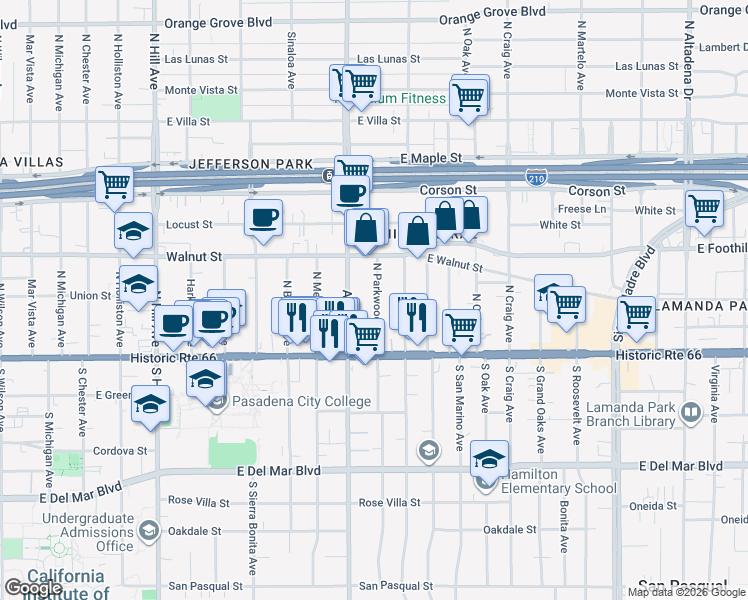 map of restaurants, bars, coffee shops, grocery stores, and more near 109 North Parkwood Avenue in Pasadena