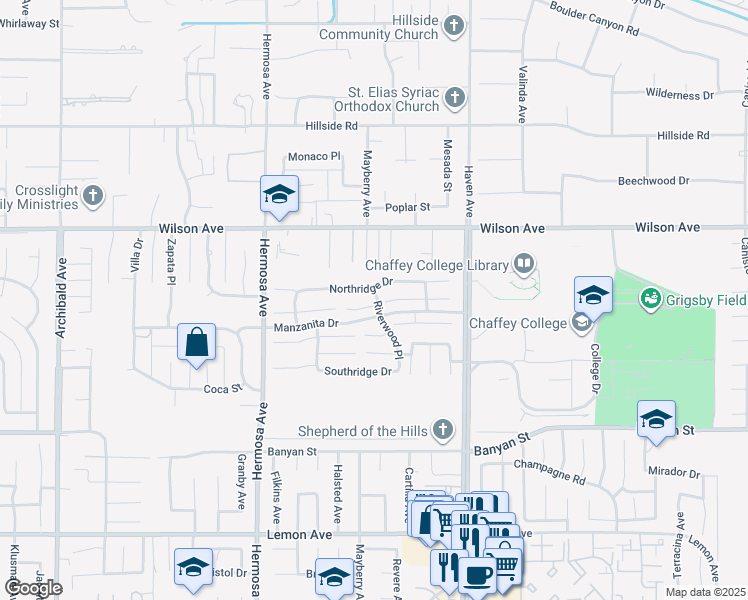 map of restaurants, bars, coffee shops, grocery stores, and more near 10269 Coralwood Court in Rancho Cucamonga