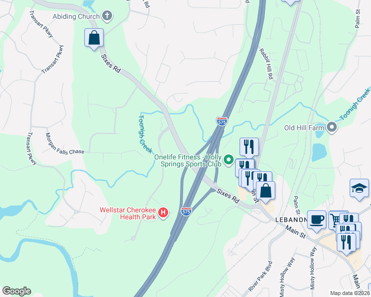 map of restaurants, bars, coffee shops, grocery stores, and more near Sixes Road in Holly Springs