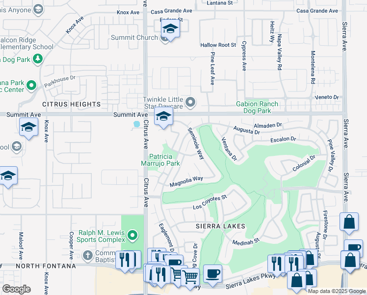 map of restaurants, bars, coffee shops, grocery stores, and more near 5834 Brentwood Place in Fontana
