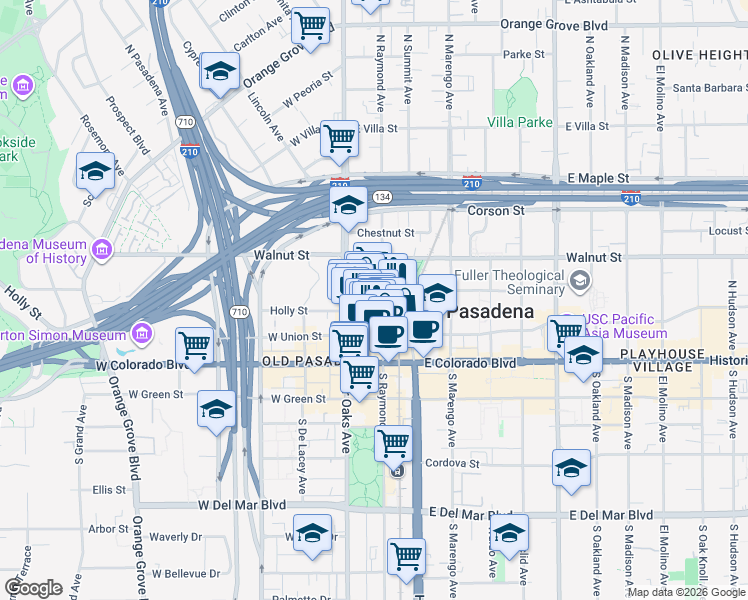 map of restaurants, bars, coffee shops, grocery stores, and more near 125 North Raymond Avenue in Pasadena