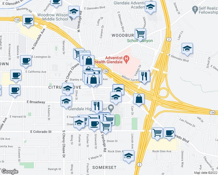 map of restaurants, bars, coffee shops, grocery stores, and more near 1456 East Wilson Avenue in Glendale