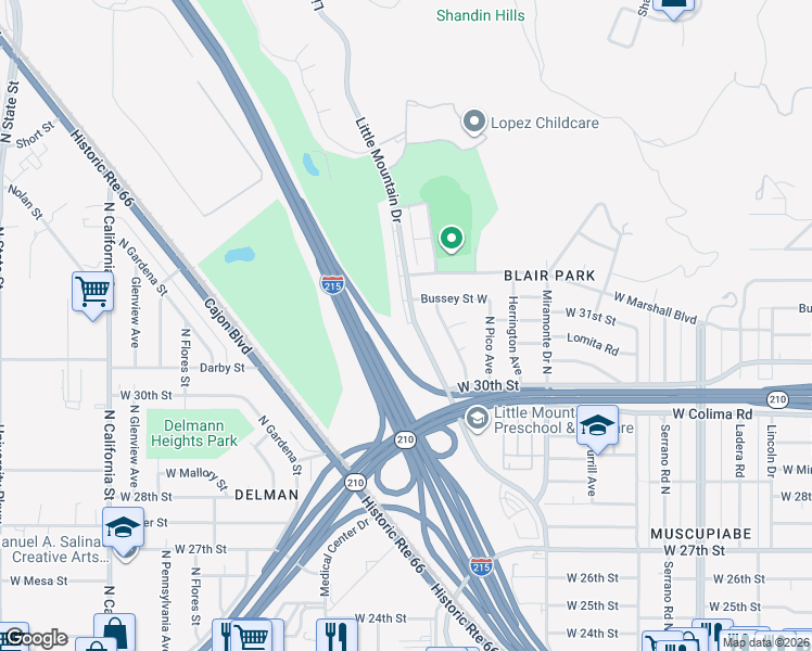 map of restaurants, bars, coffee shops, grocery stores, and more near 3132 Little Mountain Drive in San Bernardino