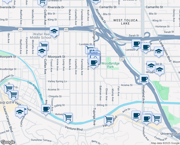 map of restaurants, bars, coffee shops, grocery stores, and more near 4300 Kraft Avenue in Los Angeles