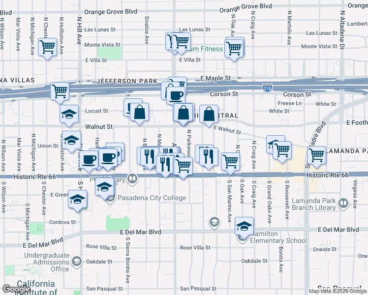map of restaurants, bars, coffee shops, grocery stores, and more near 86 Allen Avenue in Pasadena