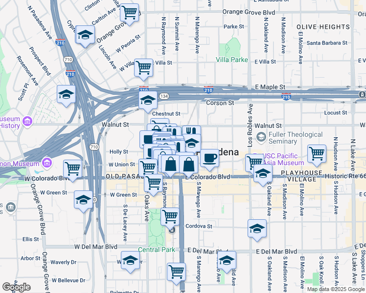 map of restaurants, bars, coffee shops, grocery stores, and more near 75 North Marengo Avenue in Pasadena