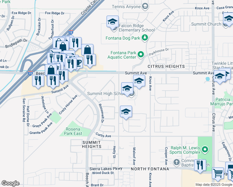 map of restaurants, bars, coffee shops, grocery stores, and more near 5831 Madison Lane in Fontana