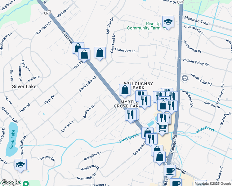 map of restaurants, bars, coffee shops, grocery stores, and more near 5044 U.S. 421 in Wilmington