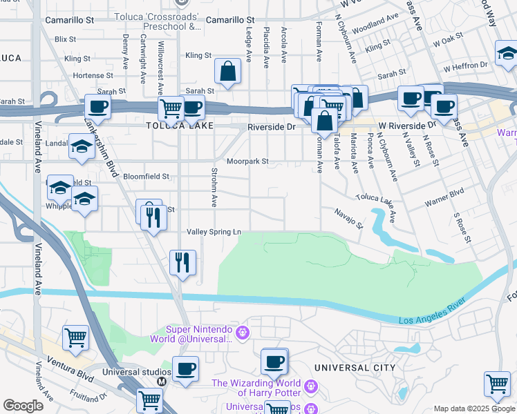 map of restaurants, bars, coffee shops, grocery stores, and more near 10351 Whipple Street in Los Angeles