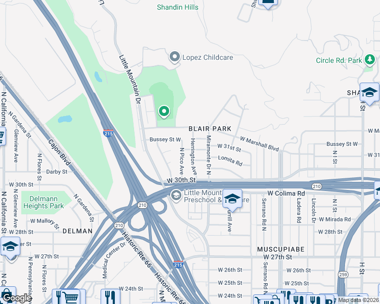 map of restaurants, bars, coffee shops, grocery stores, and more near 3098 Herrington Avenue in San Bernardino