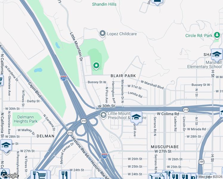 map of restaurants, bars, coffee shops, grocery stores, and more near 3098 Herrington Avenue in San Bernardino
