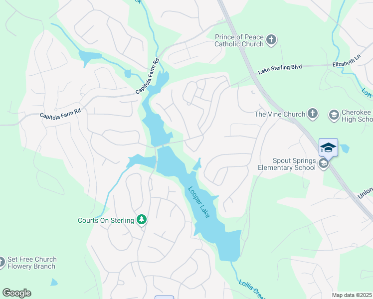map of restaurants, bars, coffee shops, grocery stores, and more near 7005 Lake Sterling Boulevard in Flowery Branch