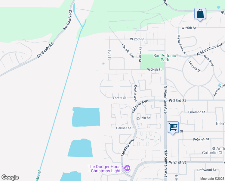 map of restaurants, bars, coffee shops, grocery stores, and more near 2326 Fairfield Way in Upland