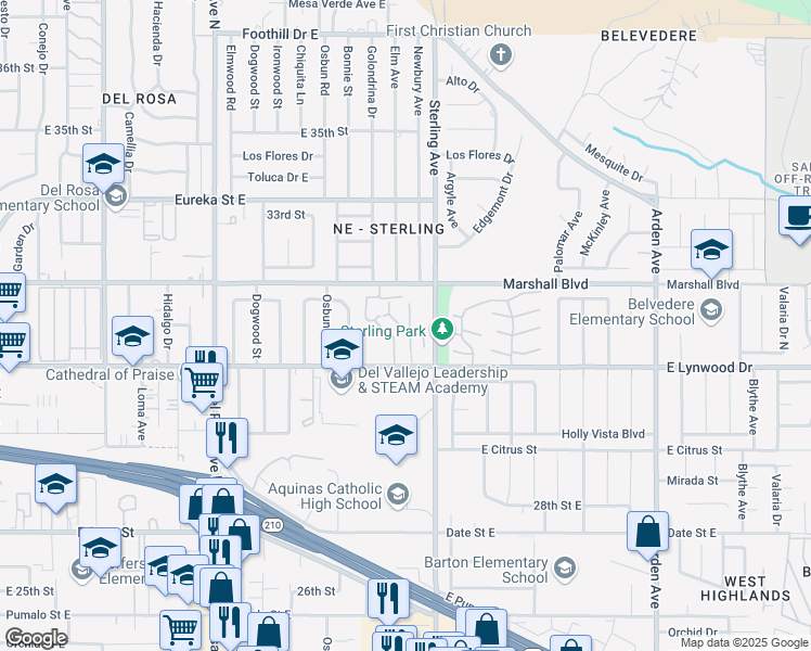 map of restaurants, bars, coffee shops, grocery stores, and more near 1974 East Lynwood Drive in San Bernardino