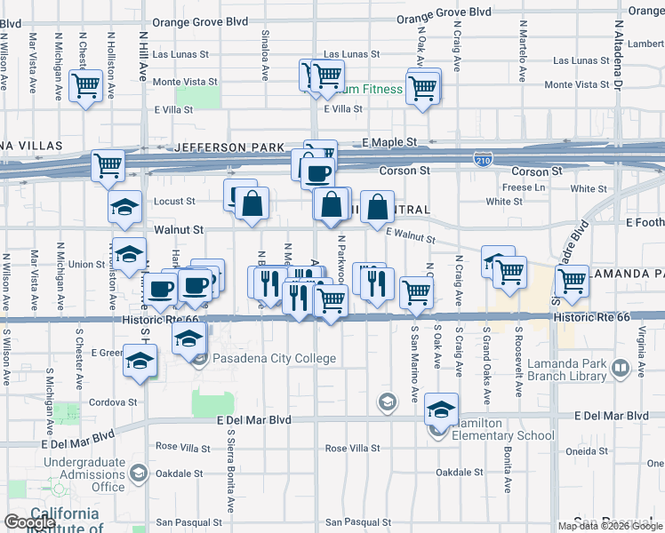 map of restaurants, bars, coffee shops, grocery stores, and more near 109 North Parkwood Avenue in Pasadena