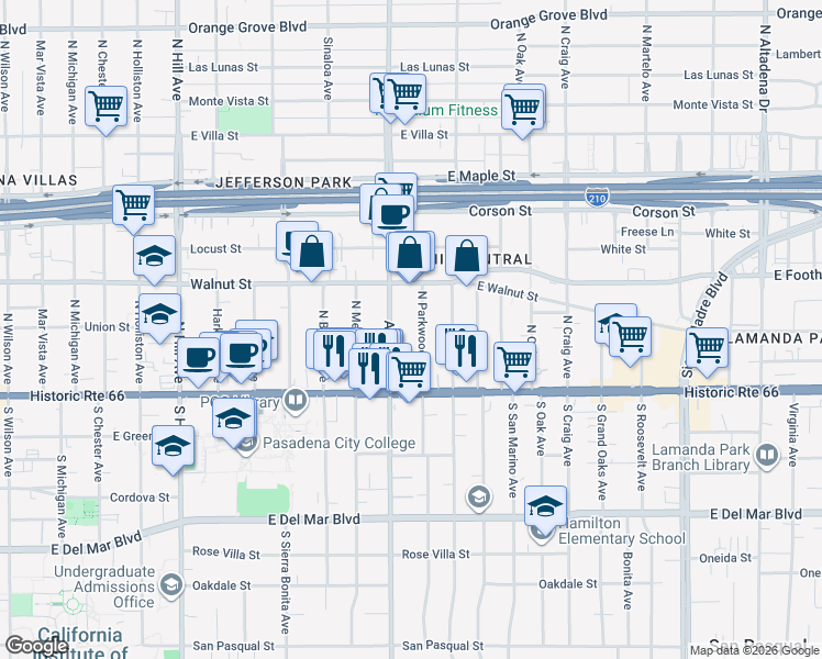 map of restaurants, bars, coffee shops, grocery stores, and more near 86 Allen Avenue in Pasadena