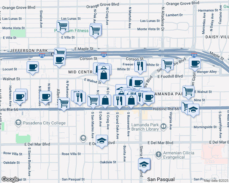 map of restaurants, bars, coffee shops, grocery stores, and more near 79 North Grand Oaks Avenue in Pasadena