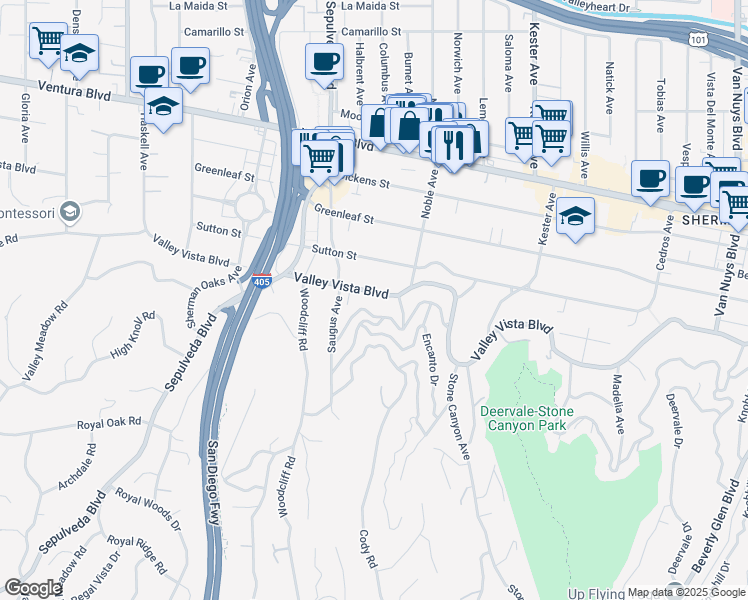 map of restaurants, bars, coffee shops, grocery stores, and more near 15204 Valley Vista Boulevard in Los Angeles
