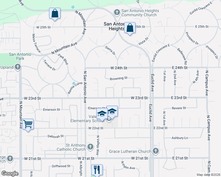 map of restaurants, bars, coffee shops, grocery stores, and more near 2313 North Orange Drive East in Upland