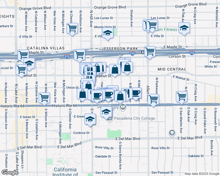 map of restaurants, bars, coffee shops, grocery stores, and more near 111 Marion Avenue in Pasadena